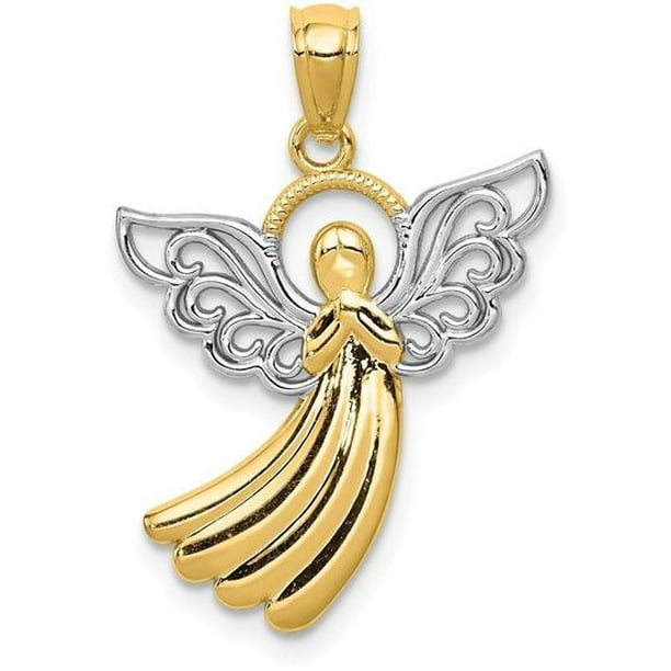 Solid 14k Yellow & White Two Tone Gold Filigree Angel Pendant 24mm x 15mm 